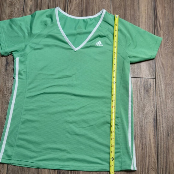 Adidas Womens Green V-Neck Short Sleeve Activewear Mesh Top Three Stripe M-L - Picture 4 of 7
